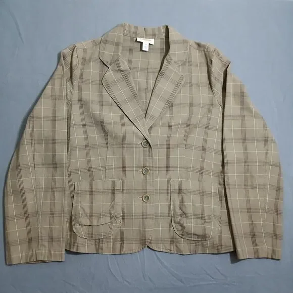 Talbots Women 14 Brown Plaid 100% Cotton V Neck Blazer Office Business - Picture 1 of 12